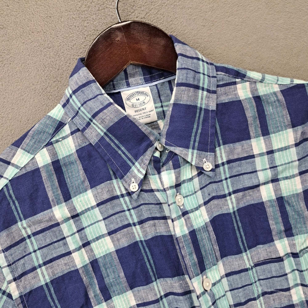 Brooks Brothers Regent Fit Mens M Plaid Linen Button Down Shirt Baird McNutt
